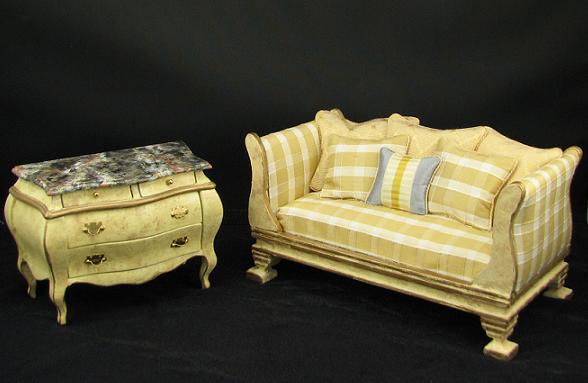 Bombe Dresser with Silk Sofa by Lorraine Scuderi