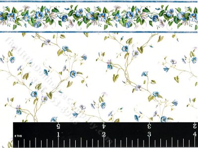 (image for) Blue and Floral Miniature Wallpaper with Border for Dollhouses
