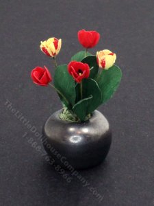 (image for) Dollhouse Miniature Red Tulips in Round Silver Pot