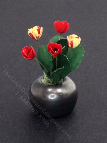 (image for) Dollhouse Miniature Red Tulips in Round Silver Pot