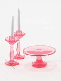 (image for) Miniature Pink Cake Plate with 2 Candlesticks For Dollhouses