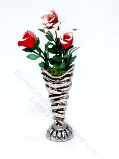 (image for) Miniature Red and White Roses in a Silver Vase