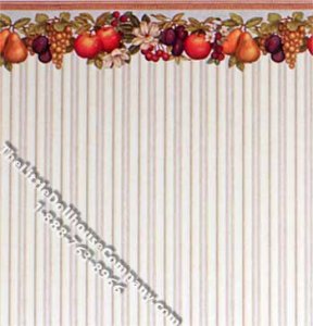 (image for) Orchard Fruits on Stripe Pattern Miniature Dollhouse Wallpaper
