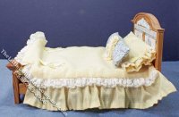 (image for) Miniature Oak Bed with Yellow Gingham Bedding for Dollhouses