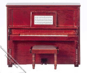 (image for) Miniature Mahogany Upright Piano with Bench for Dollhouses