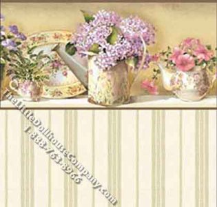 (image for) Dollhouse Scale Model Wallpaper Gardener's Tea with Ivory Stripe