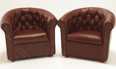 (image for) Miniature Pair of Brown Leather Tufted Chairs by Judith Blondell