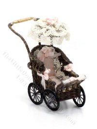 (image for) Miniature Wicker Pram with Parasol for Dollhouses