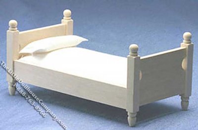 (image for) Miniature Unfinished Bed with White Bedding for Dollhouses