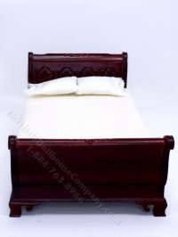 (image for) Miniature Mahogany Sleigh Bed with Lace Pillows for Dollhouses
