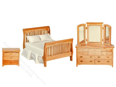 (image for) Miniature 3pc Oak Slat Bedroom Set for Dollhouses
