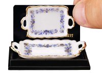 (image for) Two Miniature Blue Onion Gold Serving Trays for Dollhouses