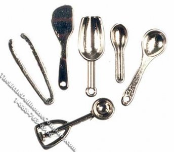 (image for) Miniature Set of 6 Silver Kitchen Utensils for Dollhouses