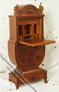 (image for) Miniature Walnut Secretary Desk and Chair Set for Dollhouses