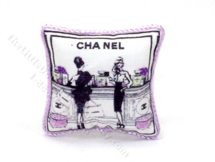 (image for) Miniature Chanel Print Pillow with Pink Braided Edging