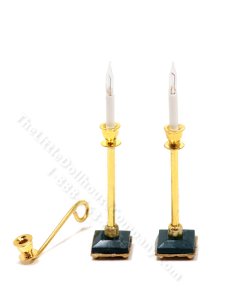 (image for) Miniature 12V Gold and Onyx Candlesticks with Candle Snuffer Set for Dollhouses