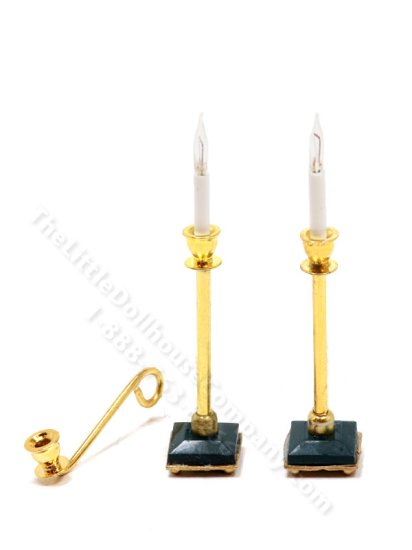 (image for) Miniature 12V Gold and Onyx Candlesticks with Candle Snuffer Set for Dollhouses