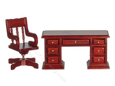 (image for) Miniature Mahogany Desk and Chair for Dollhouses