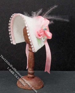 (image for) Miniature White Bonnet w/Pink Ribbon Strap for Dollhouses