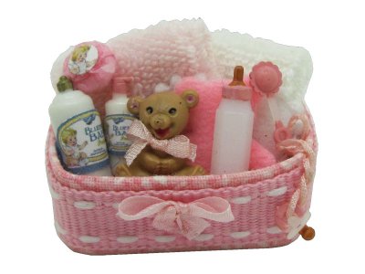 (image for) Miniature Baby Nursery Gift Basket in Pink for Dollhouses