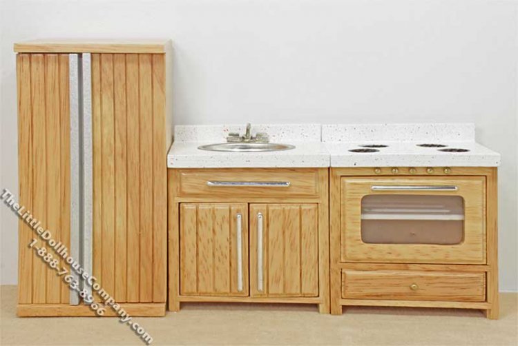 (image for) Miniature 3 Piece Oak Kitchen Set for Dollhouses