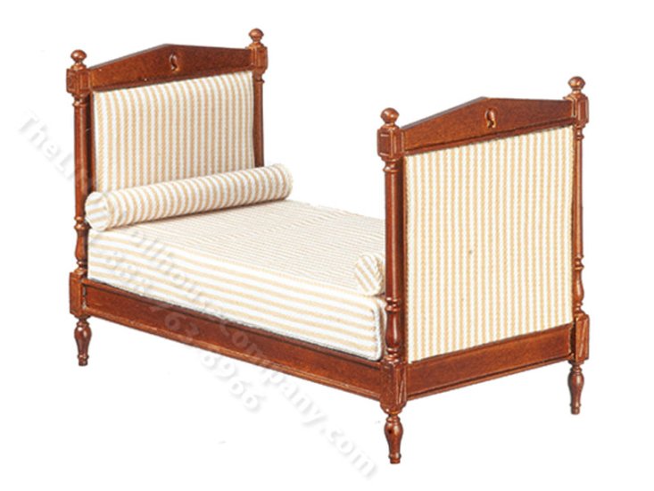 (image for) Miniature Walnut Double Bed with Beige Striped Linen