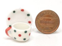 (image for) Miniature Playscale Red and Green Dot Tea Cup and Saucer