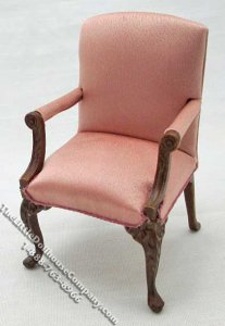 (image for) Miniature Walnut Arm Chair in Pink Fabric for Dollhouses