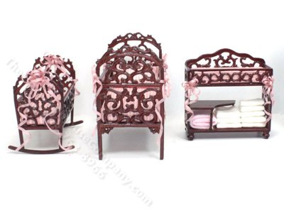 (image for) Vintage 3pc Miniature Mahogany Nursery Set for Dollhouses