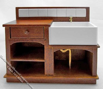 (image for) Miniature Small Sink in Walnut Cabinet for Dollhouses