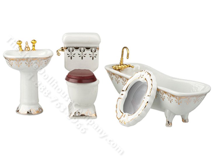 (image for) Dollhouse Miniature White and Gold Bathroom Set (4pc)