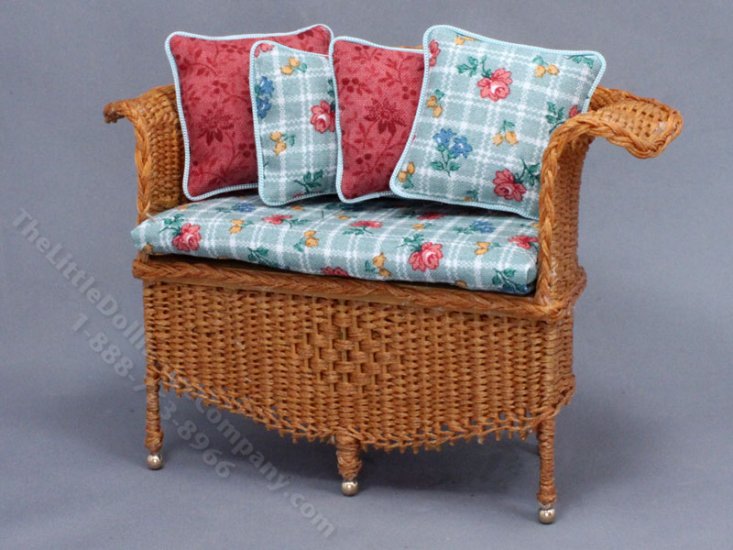 (image for) Miniature Blue Floral and Brown Wicker Sofa for Dollhouses