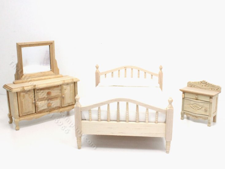 (image for) Miniature Unfinished Double Bed Set for Dollhouses - 3pc