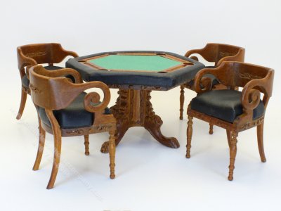 (image for) Miniature Walnut Finish Poker Table & Four Chairs for Dollhouses