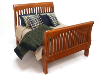 (image for) Miniature Modern Mahogany Bed Dressed in Tan Linen and Green