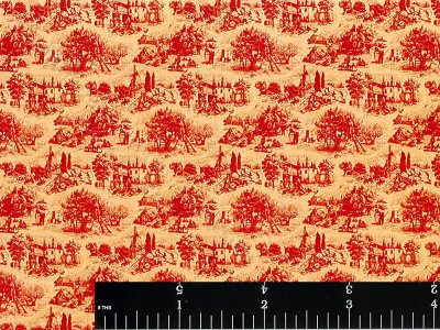 (image for) Dollhouse Scale Model Wallpaper Red Farm Toile on Yellow Pattern