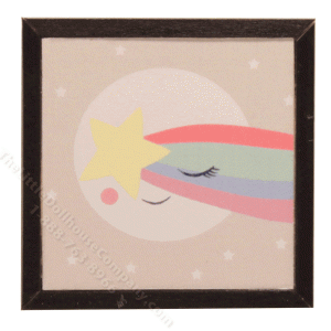 (image for) Miniature Square Print on Wood of Cartoon Moon and Shooting Star
