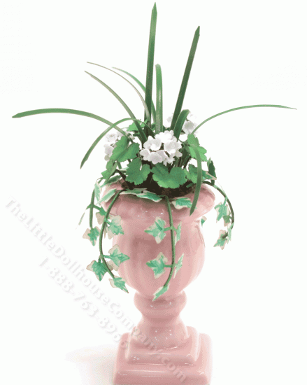 (image for) Miniature Pink Ceramic Urn With Geranium, Dracaena, and Ivy