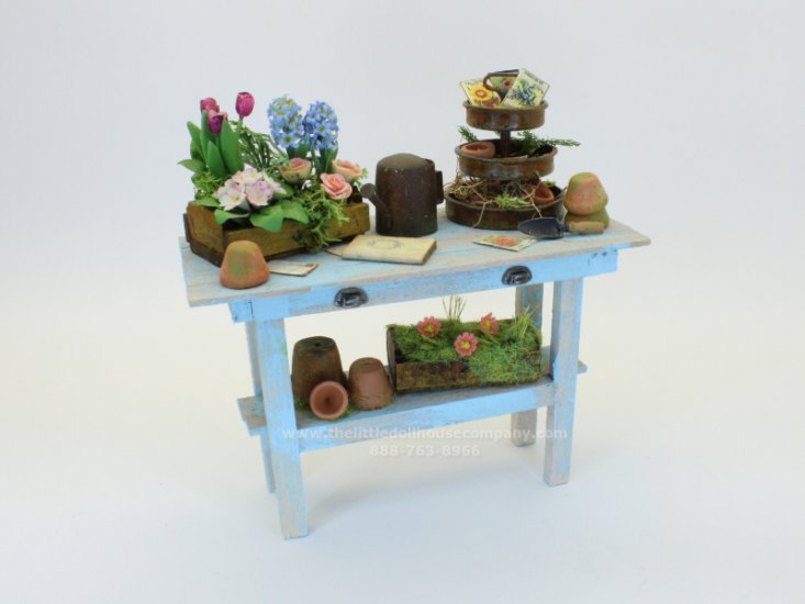 (image for) Miniature Blue Potting Bench with 3 teir Holder for Dollhouses