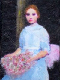 Miniature Portrait of a Girl with Pink Flowers by Larry Morganti (image for) Miniature Portrait of a Girl with Pink Flowers by Larry Morganti