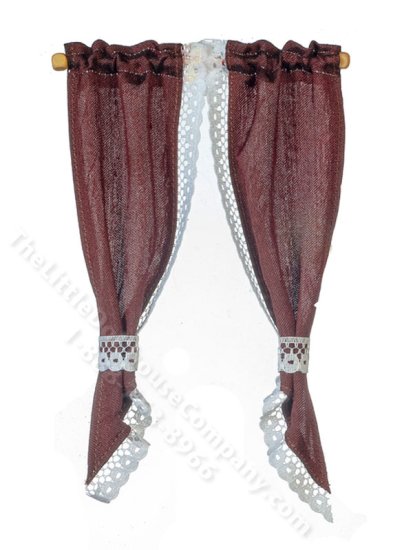 (image for) Miniature Tied-Back Demi Curtains for Dollhouses - Burgundy