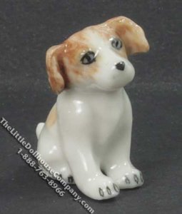 (image for) Miniature White & Brown Porcelain Sitting Dog for Dollhouses