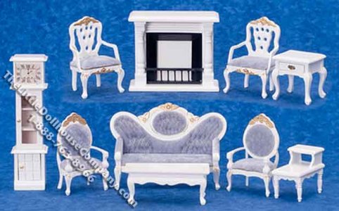 (image for) Miniature White with Blue Fabric Ten Piece Living Room Set