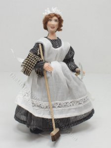 (image for) Porcelain Redheaded Victorian Maid Doll with Broom and Dust Pan