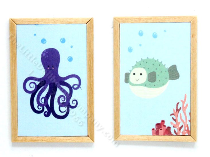 (image for) Miniature Pair Framed Octopus and Puffer Fish Prints