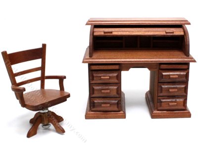 (image for) Miniature Handmade Rolltop Desk and Chair Set for Dollhouses