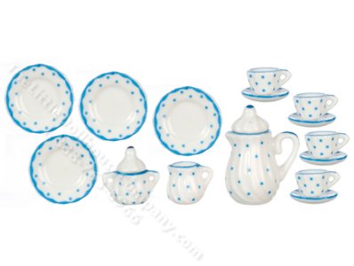 (image for) Miniature Light Blue Dots 17pc Tea Set for Dollhouses