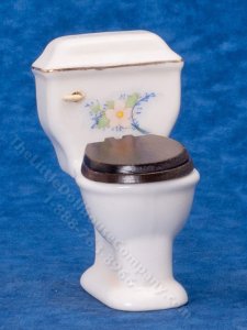 (image for) Miniature White Toilet w/Blue Floral Design for Dollhouses