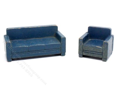 (image for) Vintage 1/2" Scale Wooden Blue Sofa & Chair Set for Dollhouses