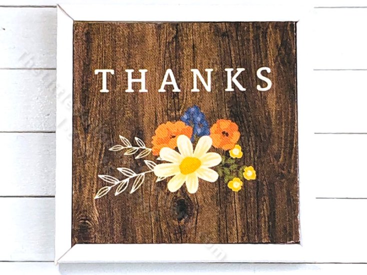 (image for) Miniature Square Framed 'Thanks' On Wood with Flowers